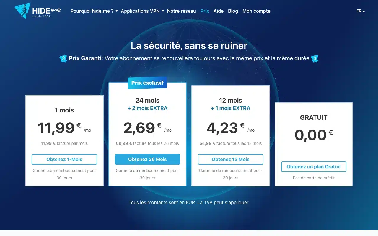Page de l’offre sur le site de hide.me