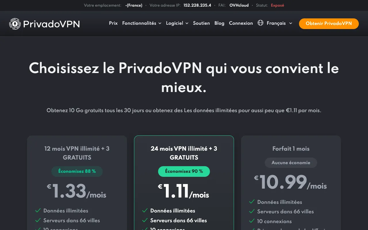 Page de l’offre sur le site de PrivadoVPN
