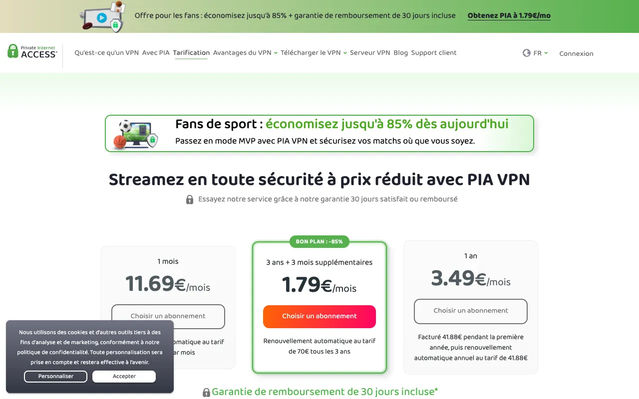 Page de l’offre sur le site de Private Internet Access
