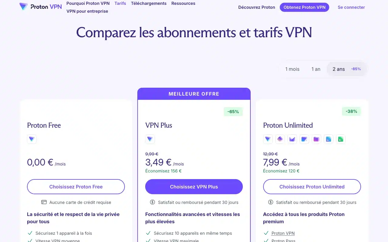Page de l’offre sur le site de Proton VPN